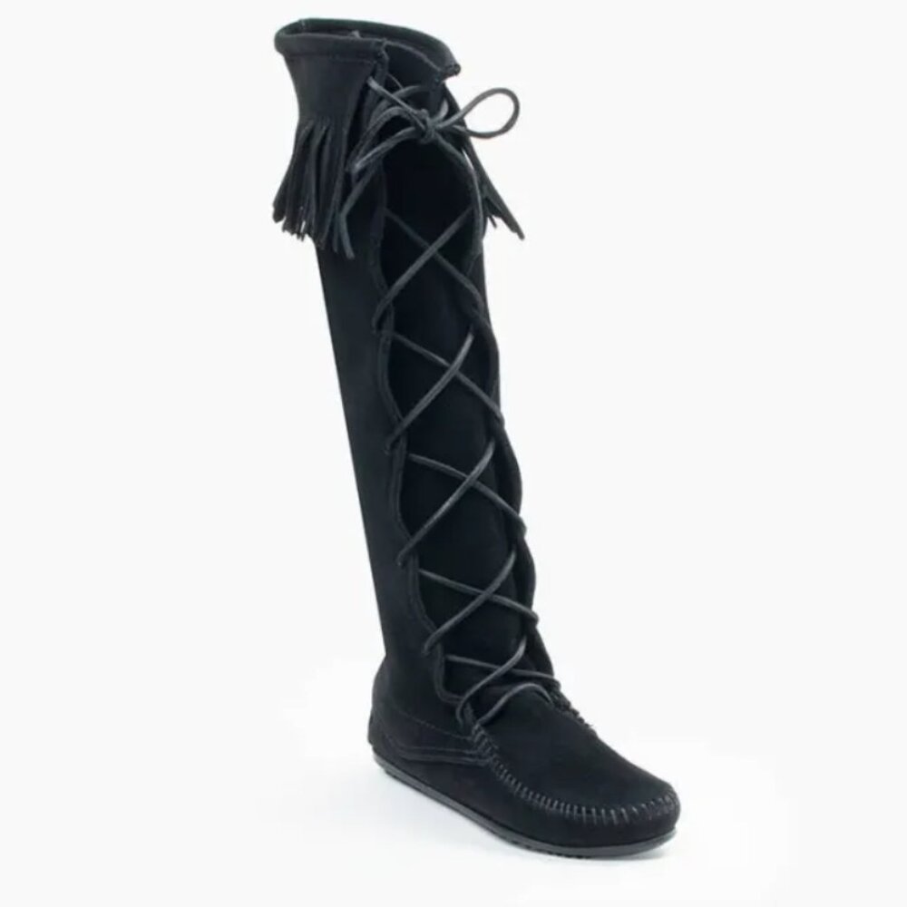 Women's (16.5" height) Black Suede Front Lace Knee-High Boots with Fringe